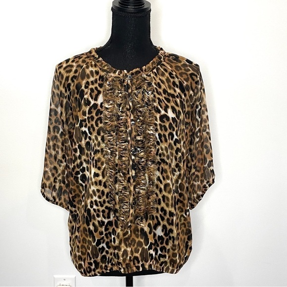 Express Leopard Long Sleeve Sheer Ruffle Front Blouse - Picture 1 of 7
